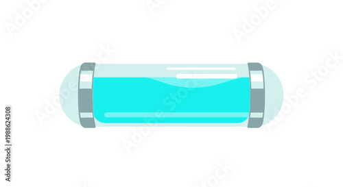 Vector illustration of a futuristic liquid capsule or vial filled with a vibrant turquoise liquid, isolated on white