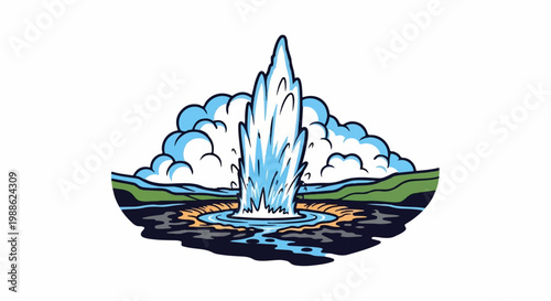 A geyser erupts with a towering plume of water and steam, surrounded by clouds and rolling hills