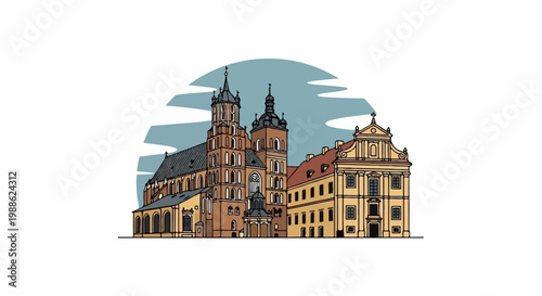 Stylized illustration of an old European cathedral complex with twin towers and a yellow adjacent building
