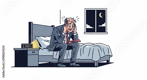 Stressed man in suit sits on bed at 300 AM, hands on head, by window with moon