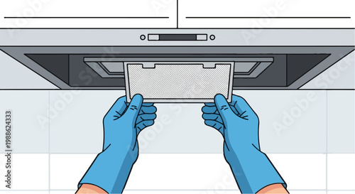 Hands in blue gloves remove a dirty filter from a kitchen range hood