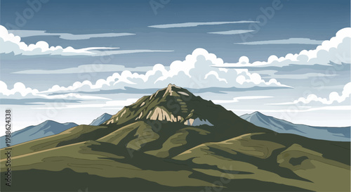 A pixelated mountainous landscape with rolling hills and dramatic clouds