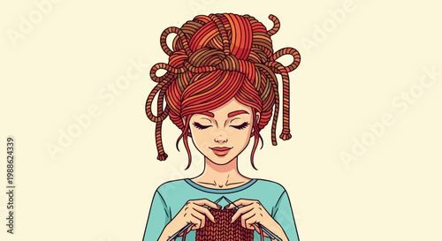 Woman with tangled yarn-like hair and closed eyes knitting a red patterned scarf