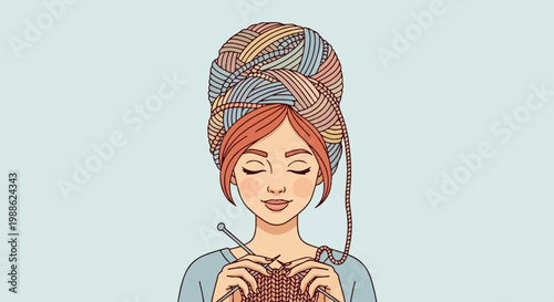 Woman with braided yarn on head, knitting with needles
