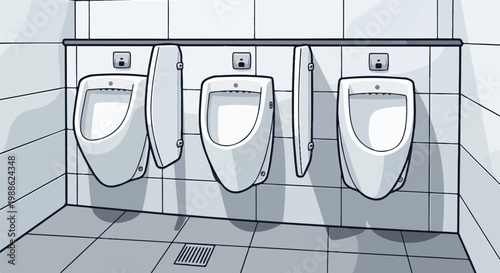 Three urinals with privacy dividers on a tiled wall and floor