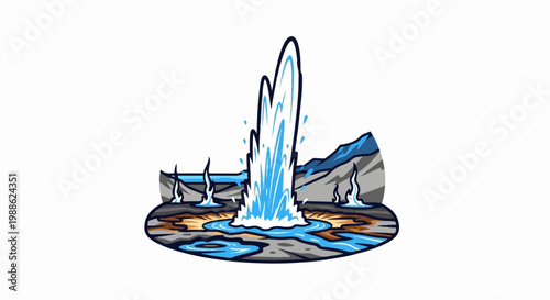 Cartoon illustration of a geyser erupting in a rocky, mountainous landscape with surrounding hot springs