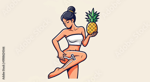 Stylized woman in white bandeau and shorts shaves her leg holding a pineapple