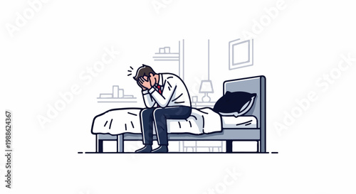 Stressed businessman sitting on bed, holding head in hands, looking exhausted