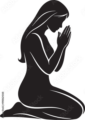 Praying Woman Silhouette Black and White Illustration Spiritual Meditation Vector.