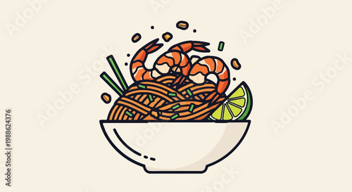 A stylized illustration of a bowl filled with noodles, topped with shrimp, lime, and peanuts