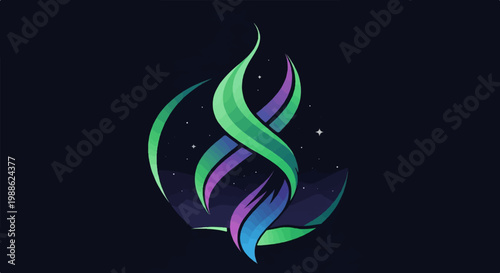 Cosmic aurora ribbon entwined with crescent moon and starlit night sky