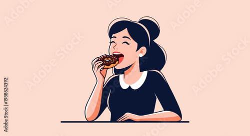 A retro-style illustration of a woman with dark hair, wearing a black dress and white collar, enjoying a chocolate iced donut