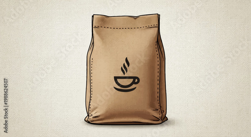 A brown paper bag with a coffee cup icon and steam
