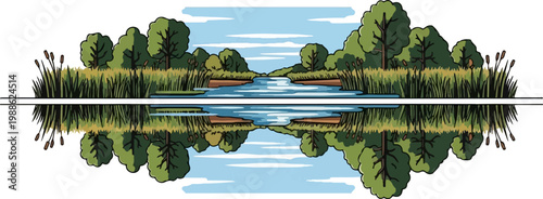 A picturesque water scene with trees, reeds, and a calm river reflecting in the water