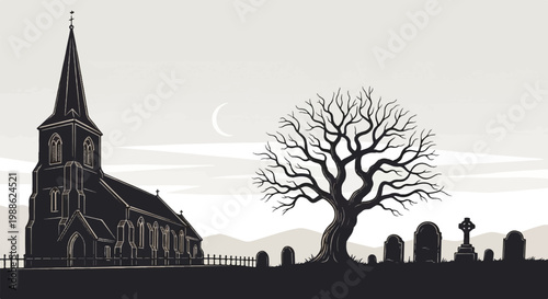 Gothic church and skeletal tree in a moonlit cemetery, evoking solemnity