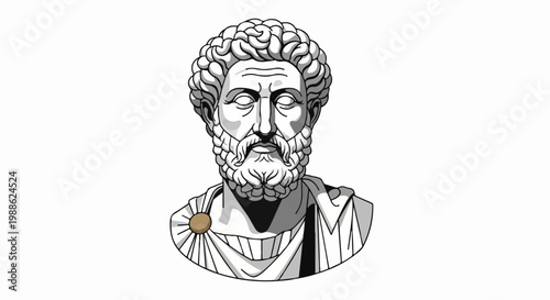 Stylized bust of a bearded man in ancient attire, rendered in monochrome with dramatic shading