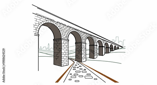 Stone aqueduct arches over a cobblestone path leading towards a distant city skyline