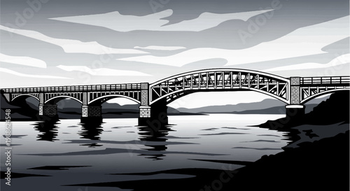 A gray-scale illustration of a long bridge with arches spanning a body of water