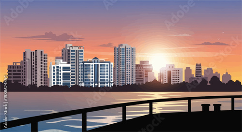 Pixelated cityscape at sunset over water, with a silhouetted foreground