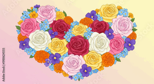 A vibrant heart-shaped floral arrangement featuring roses, pansies, marigolds, and forget-me-nots against a gradient background