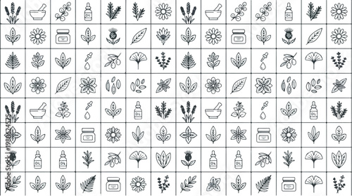Intricate black line art collection of medicinal herbs, flowers, leaves, essential oil bottles, droppers and mortars
