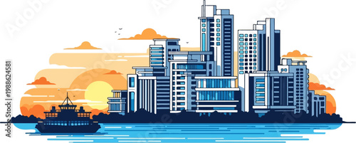 Modern cityscape with a ferry at sunset
