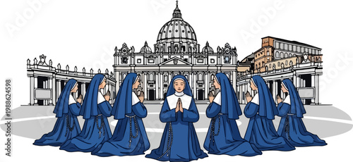 A group of nuns in blue habits pray before a grand architectural building with a dome
