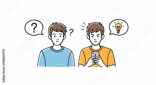 Two men with contrasting thoughts, one confused, the other having an idea