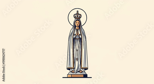 A religious icon depicts a crowned woman with hands clasped in prayer, wearing a mantle and rosary