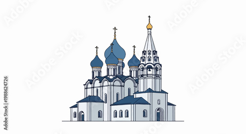 A stylized illustration depicts a grand, multi-domed orthodox church with a bell tower