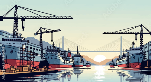 Ships under construction at a harbor, with cranes and a bridge in the background