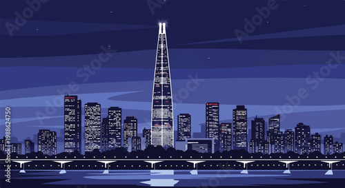 Pixelated cityscape at night with a tall illuminated skyscraper and a bridge over water