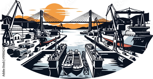 Industrial harbor with ships, cranes, and a large suspension bridge