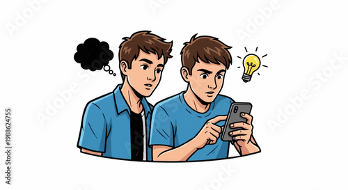 Two young men look at a phone, one has a thought bubble and the other has a lightbulb