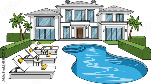 Elegant modern mansion with swimming pool, loungers, and palm trees