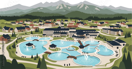 Mountain resort with thermal pools and surrounding village and forest