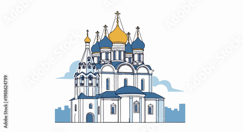 Ornate white and blue building with multiple golden-topped domes, set against a cloudy sky