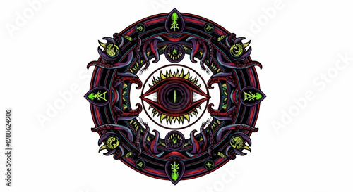 A detailed, circular, mystical emblem featuring an all-seeing eye, tentacles, and cryptic symbols