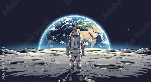 Astronaut gazes at Earth from the Moon's desolate, cratered surface under a starry sky