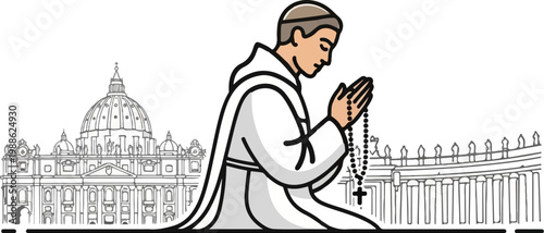 Figure in white robes kneels in prayer holding rosary, with domed basilica and colonnade in background