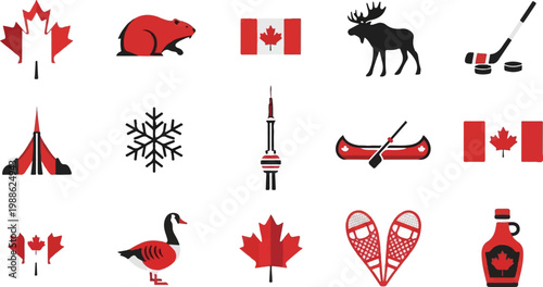 Collage of Canadian symbols including maple leaves, flags, animals, and landmarks