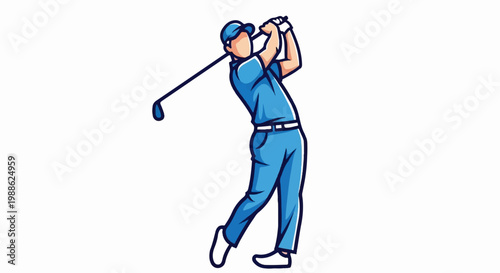 Cartoon golfer in blue uniform swinging club