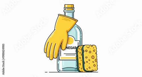 Yellow glove, vinegar bottle, and sponge arranged for cleaning