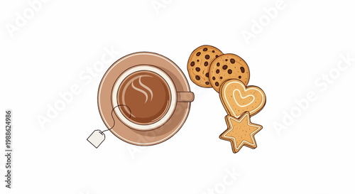A warm cup of coffee with a tea bag and three decorative cookies