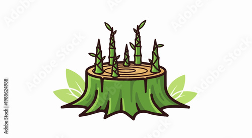 Green bamboo shoots emerge from a cut tree stump with surrounding leaves