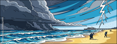 A storm approaches a beach with a pier in the distance and lightning overhead