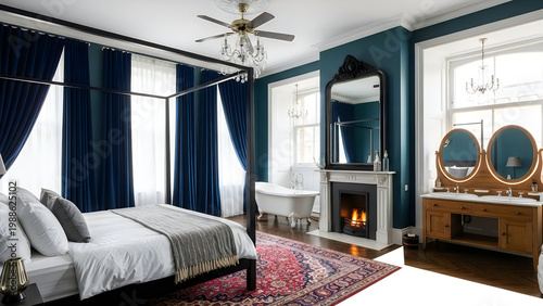 Elegant bedroom with fireplace and vanity mirror setup