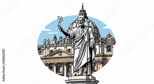 Stylized illustration of a statue holding keys before an ornate domed building