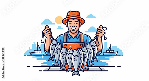 Smiling man in hat and apron proudly displays a catch of seven fish