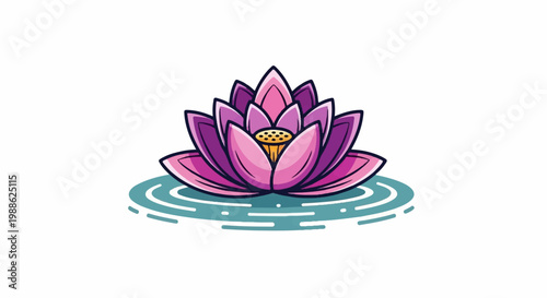 Stylized lotus flower in purple and pink, floating on blue water ripples